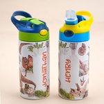 Personalisierte Primitive Alter Dinosaurier Name 12oz isolierte Wasserflasche mit Silikon Stroh auslaufsicher Deckel und Griff Geburtstagsgeschenk für Kinder