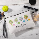 Gepersonaliseerd gestreept bloemen Pickleball linnen make-up tasje met naam en rits Verjaardagscadeau voor Pickleball liefhebber Coach