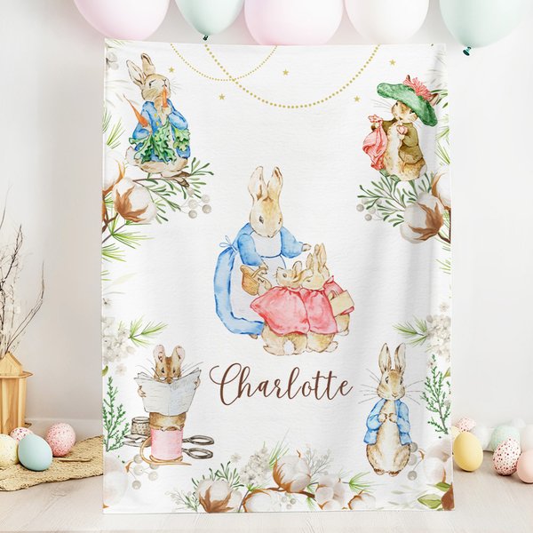 Personalized Easter Peter Rabbit Soft Throw Blanket with Name Home Decor Easter Birthday Baby Shower Gift for Newborn Kids