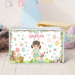 Boîte en fer blanc personnalisée avec nom pour les oeufs de Pâques Bunny Cartoon Character Biscuit Accessoires de rangement pour Pâques Cadeau pour les filles