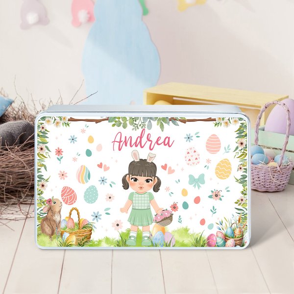 Boîte en fer blanc personnalisée avec nom pour les oeufs de Pâques Bunny Cartoon Character Biscuit Accessoires de rangement pour Pâques Cadeau pour les filles