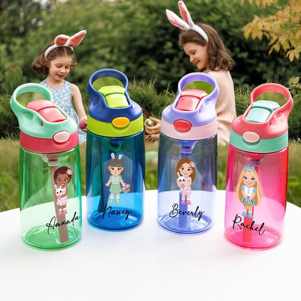 Personalized Cartoon Character Name 16 oz Kid Water Bottle with Straw and Spill-Proof Lid Birthday Back to School Gift for Girls