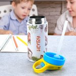 Personalisierte Primitive Alter Dinosaurier Name 12oz isolierte Wasserflasche mit Silikon Stroh auslaufsicher Deckel und Griff Geburtstagsgeschenk für Kinder