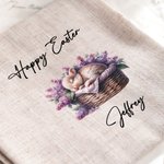 Personalisierte schlafende Hase in einem Korb Leinen wiederverwendbare Serviette mit Namen Tischdekoration Ostern Housewarming Geschenk für Familie