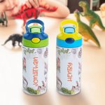 Personalisierte Primitive Alter Dinosaurier Name 12oz isolierte Wasserflasche mit Silikon Stroh auslaufsicher Deckel und Griff Geburtstagsgeschenk für Kinder