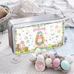 Boîte en fer blanc personnalisée avec nom pour les oeufs de Pâques Bunny Cartoon Character Biscuit Accessoires de rangement pour Pâques Cadeau pour les filles