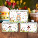 Boîte en fer blanc personnalisée avec nom pour les oeufs de Pâques Bunny Cartoon Character Biscuit Accessoires de rangement pour Pâques Cadeau pour les filles
