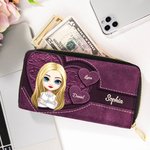 Personalisierte Lange Retro Cartoon-Figur PU-Leder Geldbörse mit 1-8 Namen und Mehreren Fächern Geburtstag Muttertag Geschenk für Damen