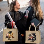 Personalized Cartoon Grad Hat Girl Initial Large Jute Tote Bag with Name Graduation Souvenir Birthday Gift for Women