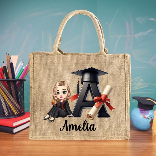 Personalized Cartoon Grad Hat Girl Initial Large Jute Tote Bag with Name Graduation Souvenir Birthday Gift for Women