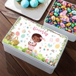 Boîte en fer blanc personnalisée avec nom pour les oeufs de Pâques Bunny Cartoon Character Biscuit Accessoires de rangement pour Pâques Cadeau pour les filles