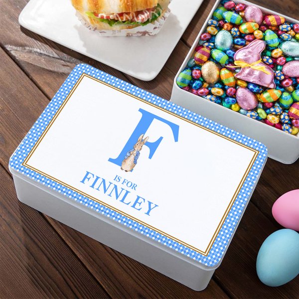 Boîte à biscuits personnalisée Peter Rabbit avec nom et initiales Accessoires de rangement pour la fête de Pâques Cadeau pour enfants