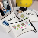 Gepersonaliseerd gestreept bloemen Pickleball linnen make-up tasje met naam en rits Verjaardagscadeau voor Pickleball liefhebber Coach
