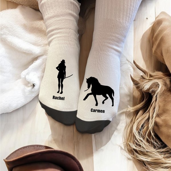 Personalized Horse and Owner Silhouette Soft Mid-calf Socks with Name Birthday Anniversary Gift for Equestrian Horse Lover