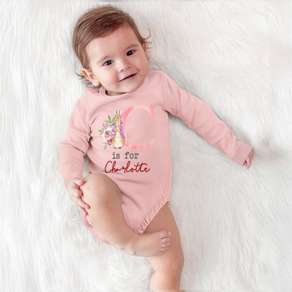 Personalized Watercolour Floral Bunny Initial 100% Cotton Long-sleeve Baby Bodysuit with Name Holiday Party Outfit Easter Baby Shower Gift for Newborns