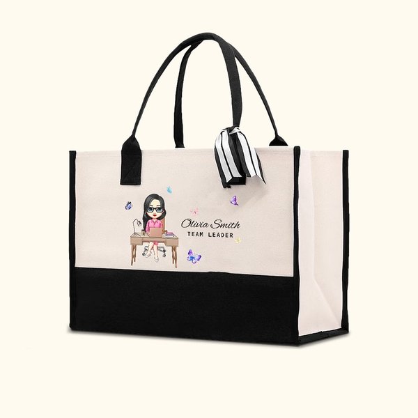 Personalizada Mariposa Dibujos Animados Mujer Lienzo Bolsa Tote con Nombre y Texto Cumpleaños Agradecimiento Oficina Regalo para Colegas Líderes