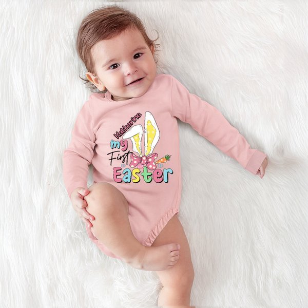 Personalized My First Easter Bunny Ears Bow 100% Cotton Long-sleeve Baby Bodysuit with Name Holiday Outfit Easter Baby Shower Gift for Newborns