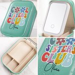 Personalisierte Cool Sister Club Leder-Schmuckkästchen mit LED dreifarbig einstellbar Make-up-Spiegel Reise wesentliche Geburtstagsgeschenk für Schwester