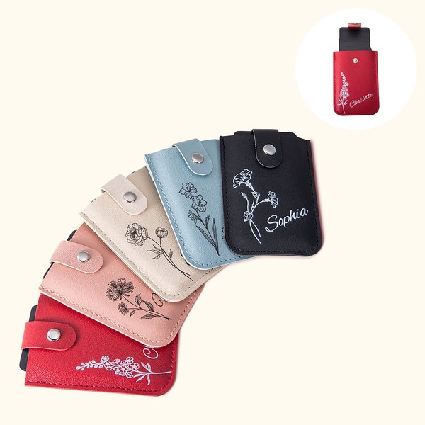 Personalisierte Portable Geburt Blume Mini Pull-out Leder Karteninhaber Brieftasche mit Namen und mehrere Kartenfächer Muttertag Geburtstag Geschenk für sie