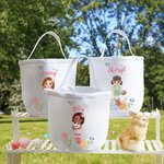Personalized Colorful Floral Egg Cartoon Character Canvas Bucket Bag with Name Easter Egg Hunt Party Gift for Girls