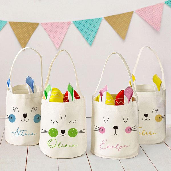 Henkilökohtainen söpö Bunny Ears Rabbit Expression pääsiäiskori, jossa on nimi Munat metsästys Party Favor pääsiäislahja lapsille