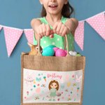 Personalized Floral Easter Eggs Bunny Cartoon Character Large Reusable Tote Bag with Name Easter Birthday Gift for Women Kids