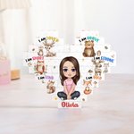 Personalizzato per bambini a forma di cuore, personaggio dei cartoni animati che costruisce puzzle di mattoncini con nome Regalo di compleanno per bambini