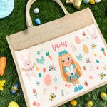 Personalized Floral Easter Eggs Bunny Cartoon Character Large Reusable Tote Bag with Name Easter Birthday Gift for Women Kids