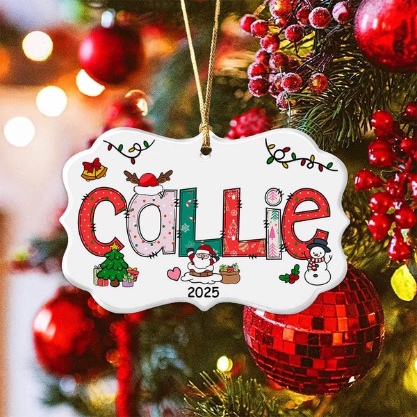 Personalised Snowman Christmas Tree Doodle Letter Ceramic Christmas Ornament with Name Year and 3 Lanyards Christmas Home Decor Gift for Family