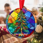 Personalized Stained Glass Christmas Tree Merry & Bright Ceramic Ornament with Text Vibrant Color Holiday Decor Religious Christmas Gift for Family