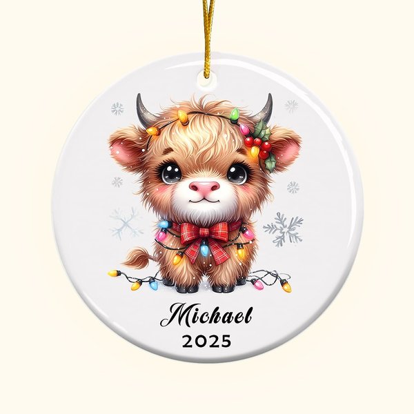Adorno de cerámica de doble cara personalizado con foto y nombre para el árbol de Navidad, las luces de Navidad y la vaca de las tierras altas Regalo de cumpleaños para niños
