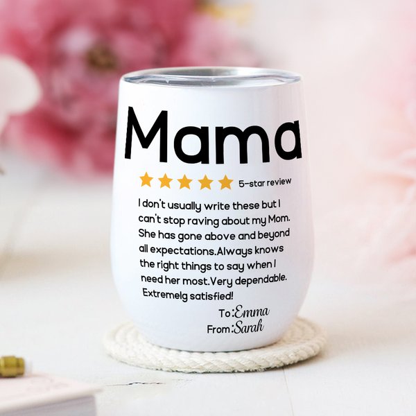 Personalized 5-star Review 12oz Name Wine Tumbler with Lid Mother's Day Birthday Gift for Mom