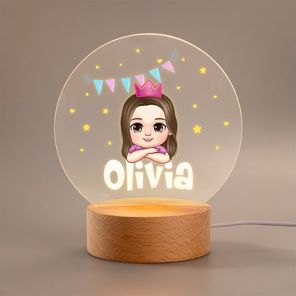 Personalized Fantasy Stars Bunting Cartoon Girl Boy LED Night Light with Wooden Base and Name Birthday Room Decor Gift for Kids