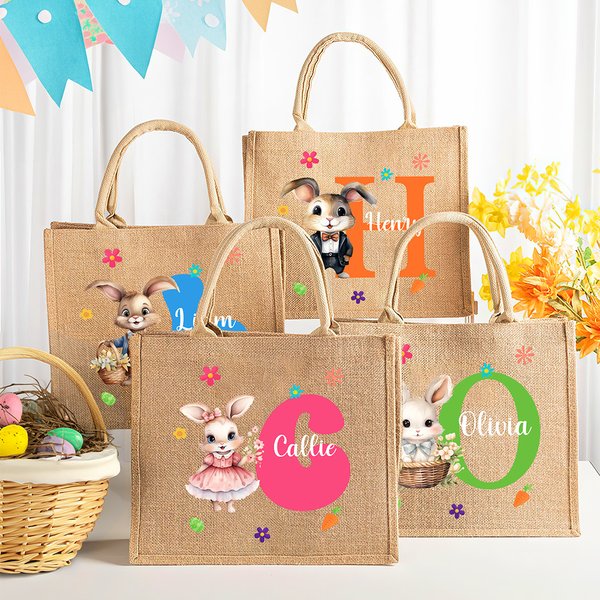 Personalisierte Aquarell Hase Kaninchen Große Jute Tragetasche mit Namen Blume Initiale Ostereiersuche Korb Urlaub Party Geschenke für Kinder