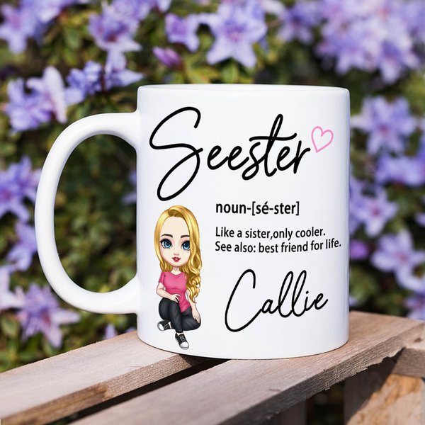 Personalised Seester Cartoon Character 11oz 15oz Ceramic Mug with Name Friendship Anniversary Birthday Gift for Sisters Besites Women