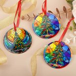 Personalized Stained Glass Christmas Tree Merry & Bright Ceramic Ornament with Text Vibrant Color Holiday Decor Religious Christmas Gift for Family
