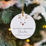 Adorno de cerámica personalizado con el nombre y la fecha de la primera Navidad del bebé Reno Decoración del árbol Regalo de Baby Shower para los nuevos padres