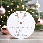 Adorno de cerámica personalizado con el nombre y la fecha de la primera Navidad del bebé Reno Decoración del árbol Regalo de Baby Shower para los nuevos padres