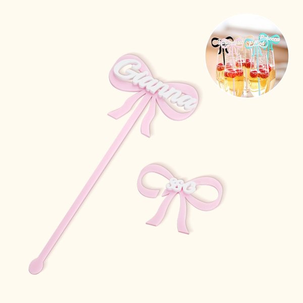 Gepersonaliseerde veelkleurige acryl Coquette Bow drank label en roerstaaf met naam bruiloft verjaardag feest Essentials Gift