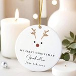 Adorno de cerámica personalizado con el nombre y la fecha de la primera Navidad del bebé Reno Decoración del árbol Regalo de Baby Shower para los nuevos padres