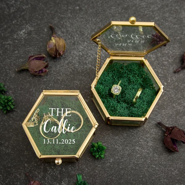 Personalised Elegant Portable Hexagonal Glass Ring Box with Text and Moss Decor Wedding Anniversary Gift for Couple