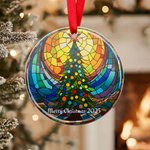 Personalized Stained Glass Christmas Tree Merry & Bright Ceramic Ornament with Text Vibrant Color Holiday Decor Religious Christmas Gift for Family