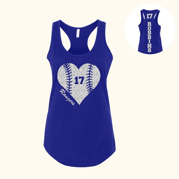 Canotta personalizzata Glitter Baseball Softball Heart Modal Donna Racerback con numero e nome Regalo per gli amanti dello sport del gioco della palla
