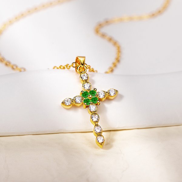 Personalizada Zircon Ajuste Birthstone Cruz Collar Joyería Cumpleaños Religiosa Bautizo Regalo para Mujer Cristiana