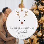 Adorno de cerámica personalizado con el nombre y la fecha de la primera Navidad del bebé Reno Decoración del árbol Regalo de Baby Shower para los nuevos padres