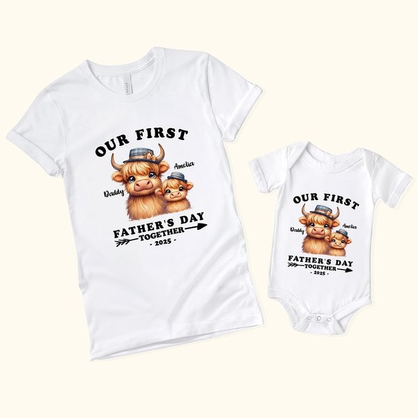 Personalized Cute Highland Cow 100% Cotton Baby Onesie T-shirt Parent-child Clothing with Name and Year First Father's Day Gift for Newborn New Dad