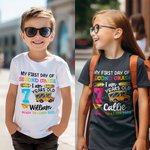 Gepersonaliseerd Kleurrijk Bus Potlood Mijn Eerste Schooldag 100% Katoenen Kinder-T-shirt met Naam Leeftijd en Rang Terug Naar School Cadeau voor Jongens Meisjes
