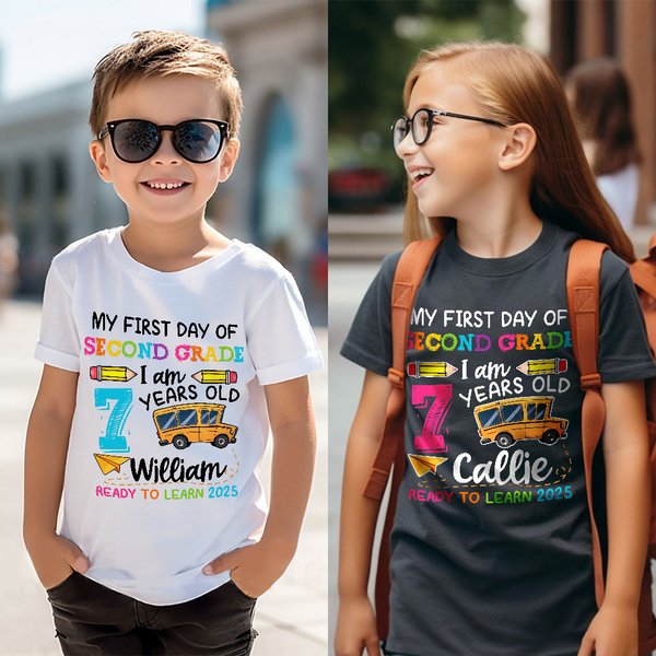 Personalized Colorful Bus Pencil My First Day of School 100% Cotton Kid T-shirt with Name Age and Grade Back to School Gift for Boys Girls