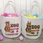 Personalisierte niedliche Hase Ei Jäger Camouflage Karotte wiederverwendbare Leinwand Osterkorb mit Namen Geburtstag Ostergeschenk für Kinder