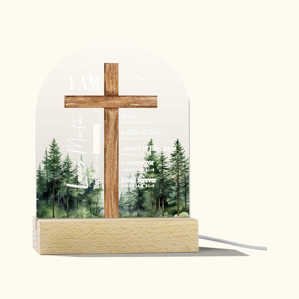 Veilleuse LED Croix verset biblique personnalisée avec socle en bois Baptême Première Communion Cadeau pour Bébé Fille Garçon